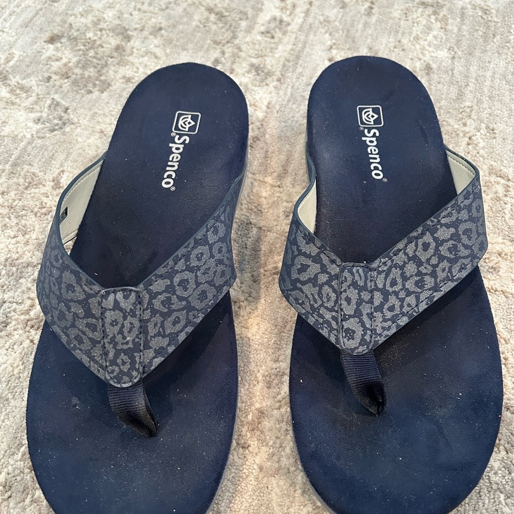 Spenco Navy Cheetah Women's Thong Sandal Flip Flop Slide Sz 11 Boho Beach